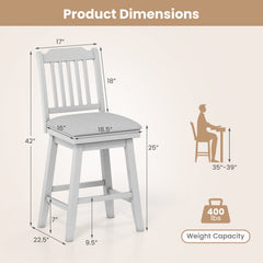 Set of 2 Grey Swivel Counter Stools with Slatted Back and Padded Seat, 25 Inch Seat Height