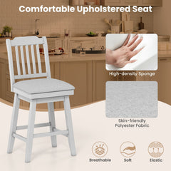 Set of 2 Grey Swivel Counter Stools with Slatted Back and Padded Seat, 25 Inch Seat Height