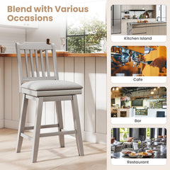 Set of 2 Grey Swivel Counter Stools with Slatted Back and Padded Seat, 25 Inch Seat Height