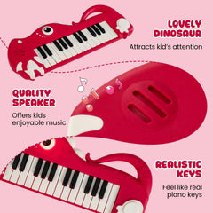 25-Key Kids Piano Keyboard Dinosaur Shape Toy Digital Piano with Built-in Music & Light-Red