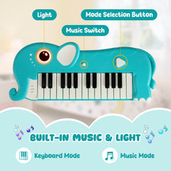 25-Key Kids Piano Keyboard Elephant Shape Toy Digital Piano with Built-in Music and Light-Blue