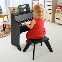 25 Keys Kids Piano Keyboard with Stool Mini Digital Piano Wooden Toy with Adjustable Speed and Volume-Black