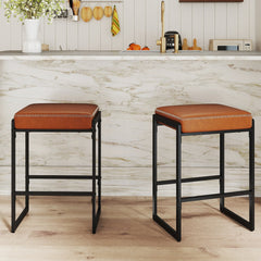 Set of 2 Backless Counter Stools with 4 Inch Cushion, Brown Faux Leather and Sled Frame, 26 Inch Seat