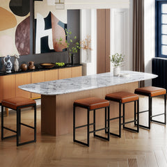 Set of 2 Backless Counter Stools with 4 Inch Cushion, Brown Faux Leather and Sled Frame, 26 Inch Seat