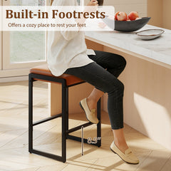 Set of 2 Backless Counter Stools with 4 Inch Cushion, Brown Faux Leather and Sled Frame, 26 Inch Seat