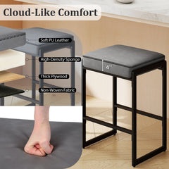 Set of 2 Backless Counter Stools with 4 Inch Cushion, Grey Faux Leather and Sled Frame, 26 Inch Seat