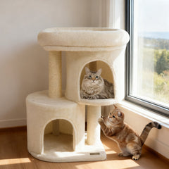 26 Inch Cat Tower with Large Padded Perch Bed and Two Condos, Sisal Post, Beige