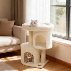 26 Inch Cat Tower with Large Padded Perch Bed and Two Condos, Sisal Post, Beige