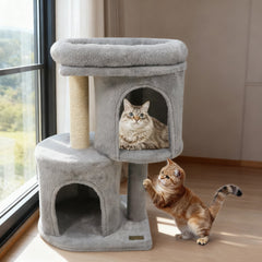26 Inch Light Gray Cat Tower, Two Condos, Sisal Post and 17.5 Inch Padded Perch