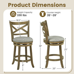 Set of 2 Swivel Counter Stools with Cross Back and Grey Linen Seat, 25 Inch Seat on the Drawing