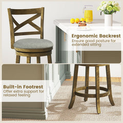Set of 2 Swivel Counter Stools with Cross Back and Grey Linen Seat, 25 Inch Seat on the Drawing
