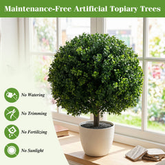 27 inches Artificial Boxwood Topiary Trees Set of 2 with Ground Spikes for Porch Patio