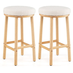 Set of 2 Backless Boucle Counter Stools with Pale Wood Legs, 27 Inch Seat Height, White