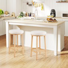Set of 2 Backless Boucle Counter Stools with Pale Wood Legs, 27 Inch Seat Height, White
