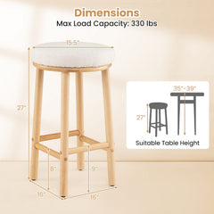 Set of 2 Backless Boucle Counter Stools with Pale Wood Legs, 27 Inch Seat Height, White
