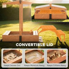 Kids Sandbox with Canopy, Wooden Sand Box with Foldable Picnic Table, Bench Seats, Liner, Cover, Gift for Ages 3-8