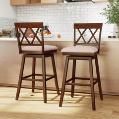 Swivel Bar Stool with X Back and Linen Seat, Walnut Rubber Wood, 29 Inch Seat Height