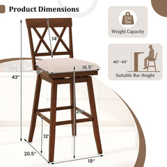 Swivel Bar Stool with X Back and Linen Seat, Walnut Rubber Wood, 29 Inch Seat Height