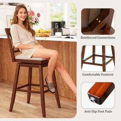 Swivel Bar Stool with X Back and Linen Seat, Walnut Rubber Wood, 29 Inch Seat Height