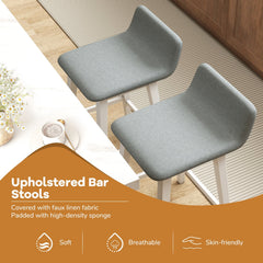 Set of 2 Low Back Bar Stools in Grey Faux Linen with White Legs, 29 Inch Seat Height