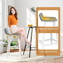 Set of 2 Low Back Bar Stools in Grey Faux Linen with White Legs, 29 Inch Seat Height
