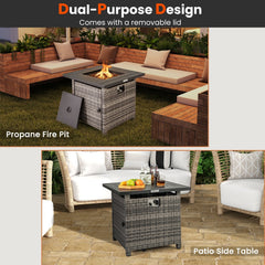 29 Inch Propane Rattan Firepit Table with Lava Rocks and Protective Cover-Gray