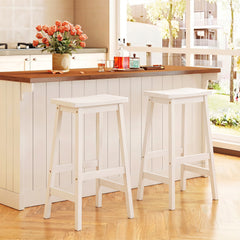 Set of 2 Backless Saddle Bar Stools in Painted White Rubber Wood, 29 Inch Seat Height