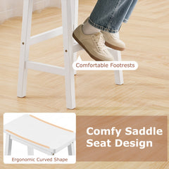 Set of 2 Backless Saddle Bar Stools in Painted White Rubber Wood, 29 Inch Seat Height