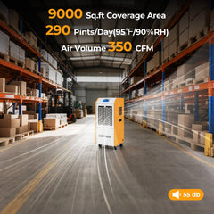 290 Pint Commercial Dehumidifier with Built-in Pump, 9000 Sq Ft, 350 CFM, 55 dB, Yellow and White