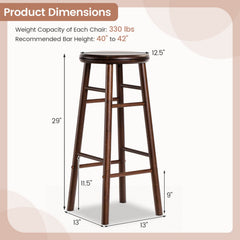 Set of 2 Swivel Bar Stools in Walnut Rubber Wood with Crossbars, 29 Inch Seat Height