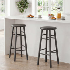 Set of 2 Swivel Bar Stools in Grey Rubber Wood with Crossbars, 29 Inch Seat Height