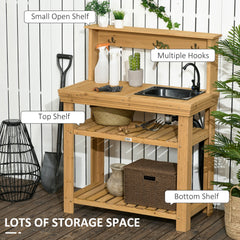 Outdoor Potting Bench Table with Faucet, Removable Sink, Hooks and Storage Shelves, Wood Work Bench Workstation, Grey