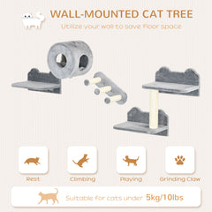 4 PCs 9.3" H Cat Wall Shelves, Pet Wall-mounted Climbing Shelf Set, Kitten Activity Centre with Condo, Cushion, Scratching Post, Jumping Platform, Grey