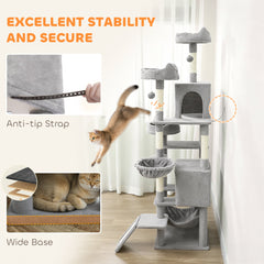 76" Large Cat Tree for Indoor Cats with 8 Scratching Posts, 3 Plush Beds, 2 Hammocks, 2 Large Condos, Ramp, Dark Grey