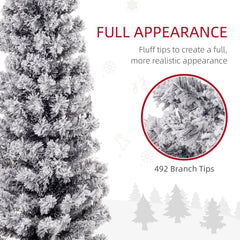 6ft Flocked Christmas Tree, Pencil Christmas Tree with Realistic Branch Tips, Folding Metal Stand, Green