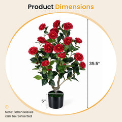 2-Pack Artificial Camellia Tree Faux Flower Plant in Cement-Filled Pot-Red