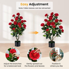 2-Pack Artificial Camellia Tree Faux Flower Plant in Cement-Filled Pot-Red