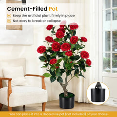 2-Pack Artificial Camellia Tree Faux Flower Plant in Cement-Filled Pot-Red