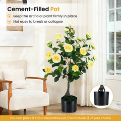 2-Pack Artificial Camellia Tree Faux Flower Plant in Cement-Filled Pot-Yellow