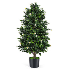2 Pack Artificial Topiary Cone Tree Faux Potted Shrub Plant with 49 Flowers-White