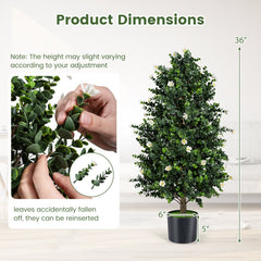 2 Pack Artificial Topiary Cone Tree Faux Potted Shrub Plant with 49 Flowers-White