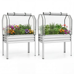 2 Pieces Galvanized Raised Garden Bed with Legs and Greenhouse Cover for Vegetable Flower-Silver