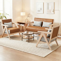 2 Piece Living Room Set, 43 in Faux Leather Loveseat and Armchair on Rubber Wood Frames, Caramel Brown