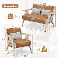 2 Piece Living Room Set, 43 in Faux Leather Loveseat and Armchair on Rubber Wood Frames, Caramel Brown