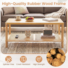 2-Tier Boho Coffee Table for Living Room Rectangular Center Table with Rubber Wood Frame and PVC Rattan Storage Shelf-Natural