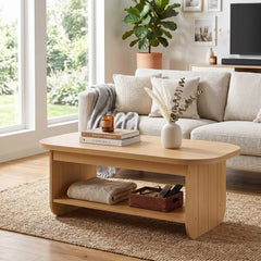 2-Tier Oval Coffee Table for Living Room Mid Century Center Table with Bottom Storage Shelf-Natural