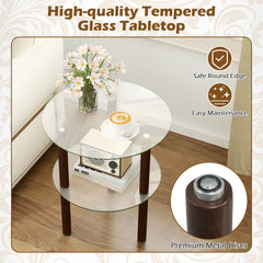 2-Tier Round End Table with Clear Tempered Glass Top and Shelf-Brown