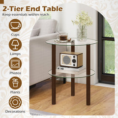2-Tier Round End Table with Clear Tempered Glass Top and Shelf-Brown