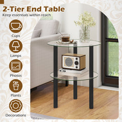 2-Tier Round End Table with Clear Tempered Glass Top and Shelf-Black