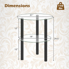 2-Tier Round End Table with Clear Tempered Glass Top and Shelf-Black